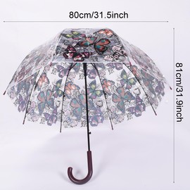 ThreeH Clear Dome Umbrella Windproof Rainproof Lightweight Flowers and Butterfly Design Automatic Open Stick Rain Umbrella,Brown