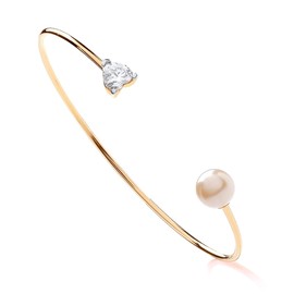 Old English Jewellers 9ct Yellow Gold on Silver Pearl & CZ Heart Ladies SOLID Torque Bangle Bracelet