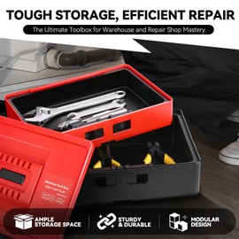 Auto Dynasty 11.8'' Tool Box 2-Layer Storage Tool Boxes Organizer Lockable Toolbox with Removable Tray and Dividers, Portable Tool Case Container for Garage Workshop Household, Red