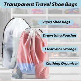 DMIMIA 20PCS Transparent Travel Shoe Bags, Large 15.7x11.8 Inch Waterproof Drawstring Pouches, Clear Shoe Storage for Suitcase, Travel, Moving and Clothing Organizer for Men Women