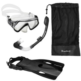 Blue Reef Dreamers Kids Snorkel Mask Set, Snorkeling Gear for Kids Includes Dreamer Kids Mask, Cortes Kids Dry Snorkel,Bay Kids Fins,Mesh Bag,Snorkeling Mask for Panoramic View and Clarity (Charcoal)