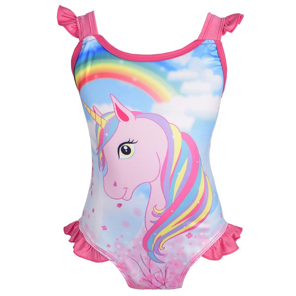 Lito Angels Unicorn Swimming Costume One Piece Swimsuit Swimwear Bathing Suit for Kids Girls, Age 7-8 Years, D - Hot Pink (Tag Number 130)