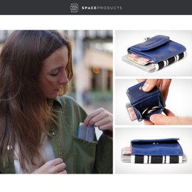 Space Wallet Mini Genuine Leather Wallet with Coin Compartment, German Brand, Made in Europe, 15 Cards + Banknotes + Coins + Keys I Push, Ocean Blue, Minimalist