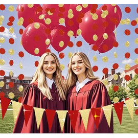 Graduation Party Decorations Red Gold 2025/Red Gold Graduation Decorations Birthday Party Decorations//Red Gold Triangle Bunting Banner, Paper Circle Garlands/Valentine's Day