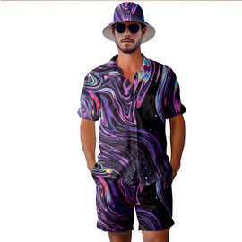 VUGOTU Men's 2 Piece Tracksuit 80s 90s Outfit Button Down 80s Shirts and Shorts Sets with Bucket Hats, Neon Rave, Medium