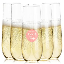 Prestee 24-Pack Stemless Plastic Champagne Flutes - 9 oz Clear Disposable Glasses for Wine, Cocktails, Mimosas - Champagne Flutes Plastic for Parties and Celebrations