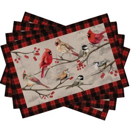 Seliem Vintage Bird Branch Placemats Set of 4, Winter Cardinal Chickadee Berry Tabletop Dining Table Place Mats Home Kitchen Red Buffalo Plaid Decor, Christmas Farmhouse Holiday Party Decoration 12x18