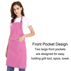 TOPTIE Unisex Bib Apron, Cotton Canvas Adjustable Chef Cooking Apron with Pockets-Hot Pink-L