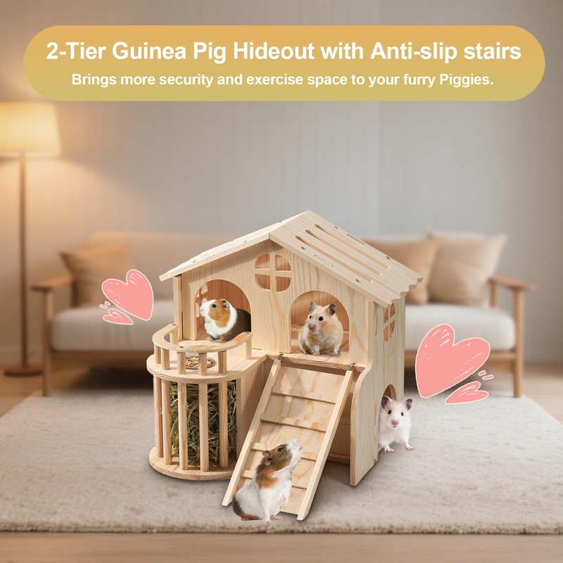 Guinea Pig Hideout, Wooden 2-Tier Guinea Piggy Castle House Habitat