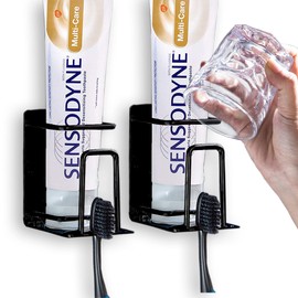 HANZE Toothbrush Holder 304 Stainless Steel Adhesive Wall Mounted 3 in 1 with Toothbrush Holder Toothpaste Holder and Cup Holder for Bathroom Shower, 2 Pack(Black)