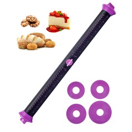 PROKITCHEN Silicone Rolling Pin with Thickness Rings, Adjustable Silicone Rolling Pin Designs Dough Roller Pins for Fondant, Cookie Decorating, Pasta, Pizza, 23.6 inch Purple Large Long Rolling Pin