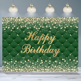 InMemory Glitter Gold Green Happy Birthday Backdrop Golden Diamonds Dots Photo Portrait Photography Background for Men Women Bday Prom Party Decorations Banner 7x5ft
