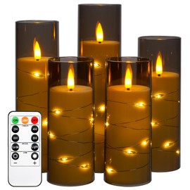 Auemaniliy Flameless Candle, LED Candle with Remote Control and Timer, Embedded String, Unbreakable 3D Wick Acrylic Battery Powered Column Candle for Romance and Minimalist Home Décor, Set of 5 (Grey)