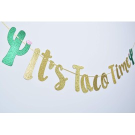 It's Taco Time Banner Bunting Sign for Mexican Fiesta Themed Birthday Bachelorette Wedding Party Decor Props Backdrop (Gold Glitter)