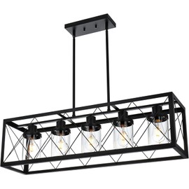 MELUXEM 5 Light Kitchen Island Chandelier Black Finish Dining Room Light Fixture with Clear Glass Shape Modern Pendant Light Ceiling Lighting for Dining Room Kitchen Island