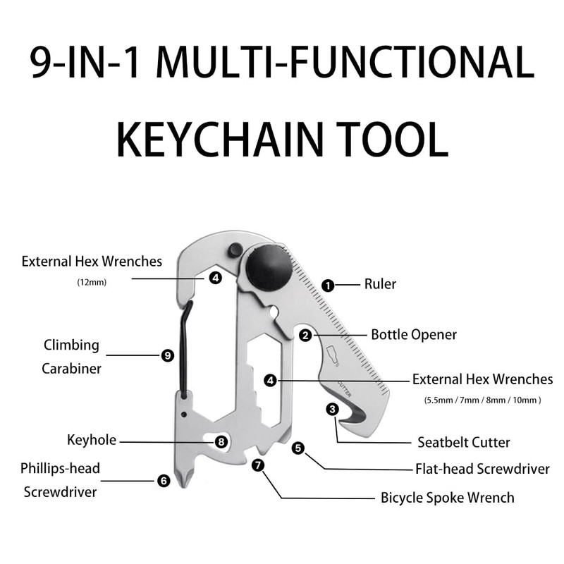 9-in-1 Keychain Multi-Tool - Portable Stainless Steel Pocket Tool with