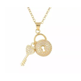 ZARD Lock Heart Key Charm Pendant Necklace With CZ Accent in 18k Gold Plate