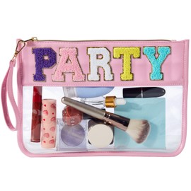 YUEBEI Chenille Letter Bag Clear Flat Pouch, Travel Makeup Bag With Zipper For Women,Clear Pouches for Travel,Gym,Beach (Pink-Party)