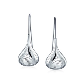 Carved Etched Puffed Pear Shaped Rain Drop Teardrop Earrings For Women Fishhook .925 Sterling Silver 2Inch