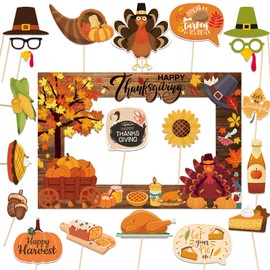 21 Pcs Happy Thanksgiving Photo Booth Props with Selfie Frame, Funny Fall Maple Leaf Pumpkin Turkey Photobooth Props for Photoshoot for Autumn Harvest Theme Party Decorations Supplies
