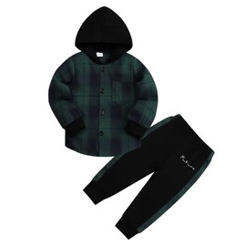 Axumity Toddler Baby Boys Clothes Plaid Flannel Long-sleeve Hooded + Sweatpants Fall Winter Christmas Outfits Set(3-4T)