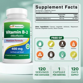 Best Naturals Best Naturals Vitamin B2 (Riboflavin) 400mg - Veggie Capsules - Conezyme Precursor - 120 Count (120 Count (Pack of 1))