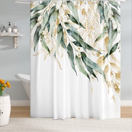 M&W DAS DESIGN Shower Curtain Made of Polyester Fabric, Leaves Green Gold Modern Watercolour Look, Anti-Mould Waterproof Bath Curtain Including 12 C-Rings, Weighted Hem, Natural Simple Elegant 180 x