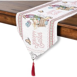 Juvale Embroidered Easter Bunny Table Runner with Red Tassel, Ideal Home Decoration on Dining, Coffee, and Side Tables (66 x 13 Inches)