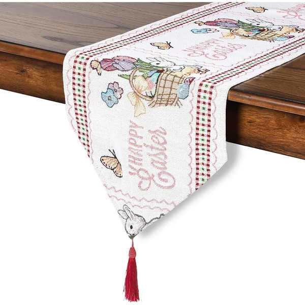 Juvale Embroidered Easter Bunny Table Runner with Red Tassel, Ideal