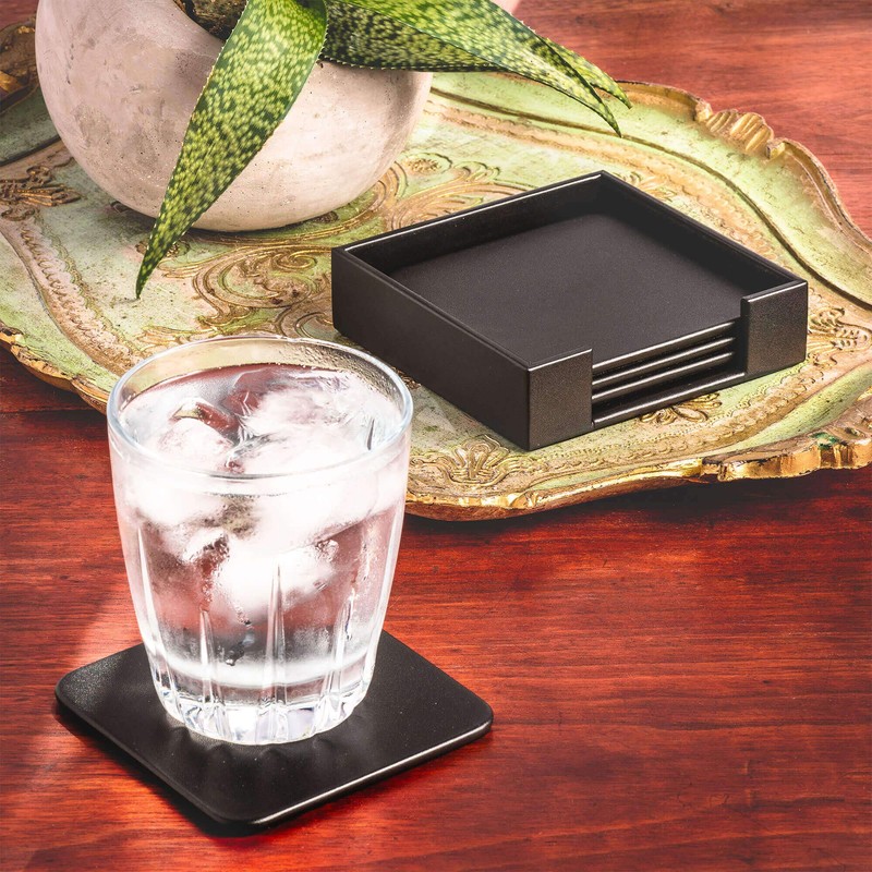 Dacasso Black Leatherette 4 Square Holder Coaster Set
