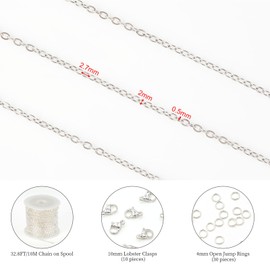KYUNHOO 32.8 Feet Silver Necklace Chain for Jewelry Making Stainless Steel Cable Chain Roll with Lobster Clasps and Jump Rings for Jewelry Supplies Findings