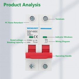 Wengart DC Miniature Circuit Breaker DZ47-63Z,500V 2 Poles 50A,Work for Battery and Solar PV Systems and Other DC Systems, DIN Rail Mount,Disconnect Switch