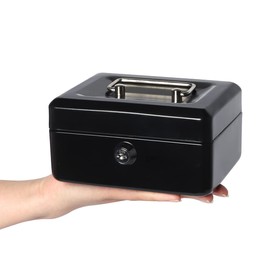 Small Lock Box with Money Tray, Cash Box for Kids, Portable Metal Money Safe for Cash, Lockbox Black