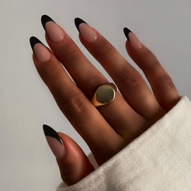 Black French Tip Press On Nails, Short Almond Medium Fake Nails with Nail Glue, Reusable Soft Gel Stick On Nails for Women Girls Gift, 30PC Elegant Glue On Nails Kit