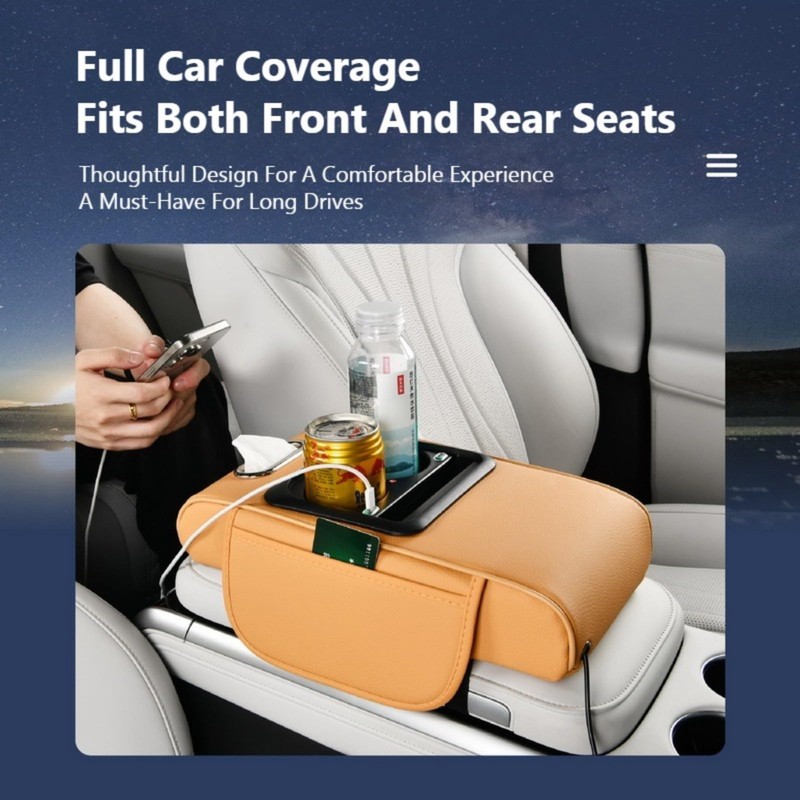 Car Armrest Pad with LED Starry Sky Light, Dual Type-C
