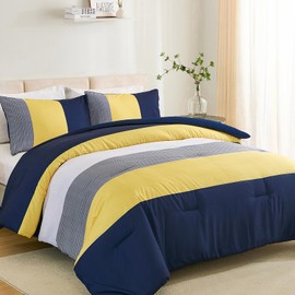WONGS BEDDING Comforter Set King, Reversible Blue Striped Down Alternative Comforter for King Bed,3 Pieces (1 Comforter+2 Pillowcases), Soft Microfiber Bedding Duvet Set 104"×90"
