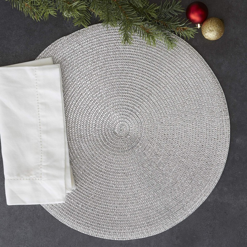 DII Woven Placemats Collection Metallic Round Placemat Set, 15", Silver,