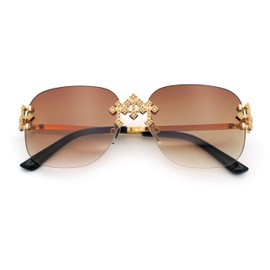 SA106 Womens Crucifix Cross Bling Rimless Rectangular Metal Frame Sunglasses Gold - Brown