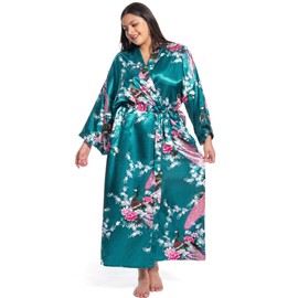 feslieacc - Batas largas de satén para mujer, talla grande, batas largas de seda, pavo real, estampado floral, Kimonos, Pavo real | Turquesa, Talla única