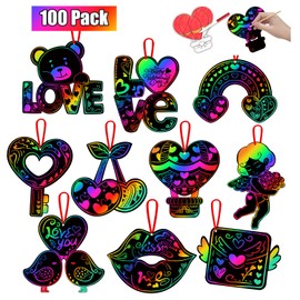 PARTYWIND 100 Pack Valentine's Day Scratch Paper Art for Kids, Magic Valentines Crafts for Classroom Exchange Games Activity, Valentines Decorations Ornaments for Party Supplies