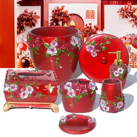 Bathroom Decor Accessories Set,6 PCS Including Soap Dispenser, Toothbrush Holder, Tumbler Soap Dish, Tissue Box and Trash Can, Red, Decorated with Flower