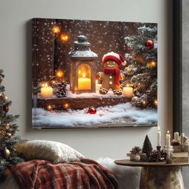 ART Christmas Canvas Wall Decor Christmas Tree and Gingerbread Man Candle Cozy Scene Wall, Winter Holiday Home Décor Christmas Print Canvas for Living Room and Bedroom 20x24inch