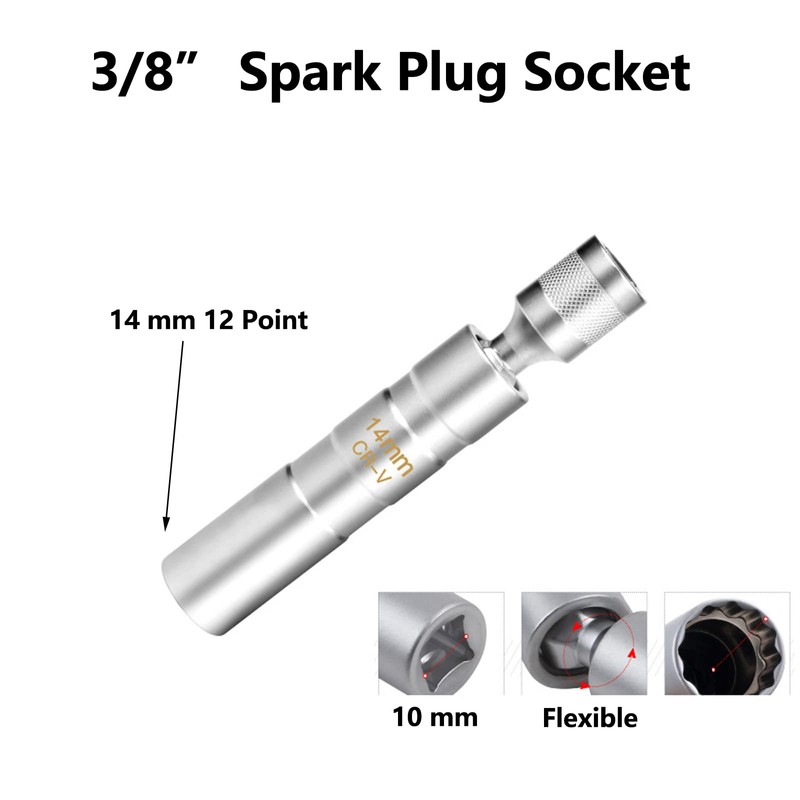 3/8 Inch Spark Plug Socket, 14mm 12 Point Flexible Thin