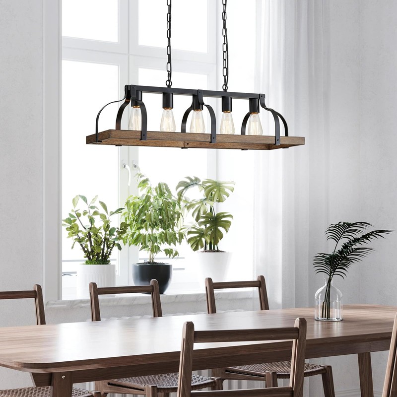 WUZUPS 5-Light Metal Chandelier Imitation Wood Grain Linear Pendant Ceiling