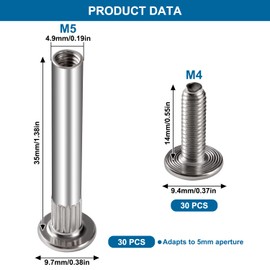 VooGenzek 30 Pieces Diameter 5 mm Sleeve Screws with M4 Screws, Connection Screw Furniture Screws, Connectors for Furniture Binding Screws, Nickel-Plated Steel Connection Screws for Cabinets, 36-45 mm