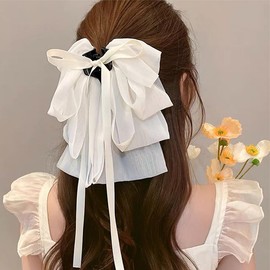 Rannyrena Large Hair Bow for Women Long Satin Silk Knot Hair Claw Clips Lace Black Tulle Hair Barrettes with Pearls Long Tail Bowknot Hair Decorations Accessories (White bow)