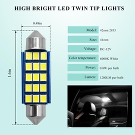 ZNDAW 2 PCS Extremely Bright Bulbs, 42mm 2835 Chipsets 6000K 1200LM Car Interior LED Dome Map Door Lights, Super Bright Error Free LED Festoon Bulbs Replacement, Car Accessories