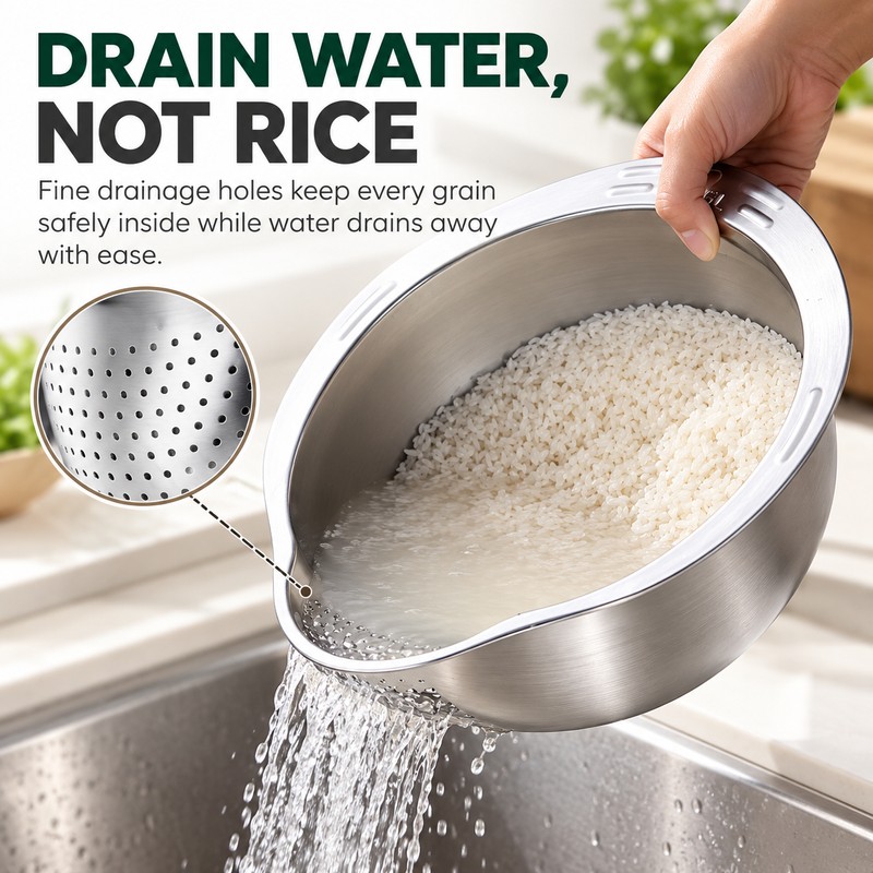 Stainless Steel Rice Washing Bowl for Rinsing & Draining –