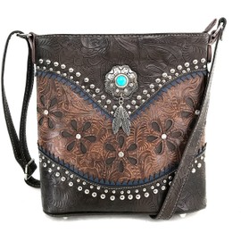 Justin West Turquoise Stone Concho Feathers Western Tooled Studs Concealed Carry Handbag Purse (Brown Messenger Only)