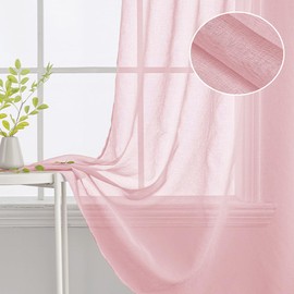 Woaboy Curtains with Ruffle Tape, Short Window Voile Curtains, Living Room, Transparent Sheer Curtains, Store Curtain, Bedroom, Modern Loop Curtains, Set of 2, 140 x 145 cm (W x H), Pink